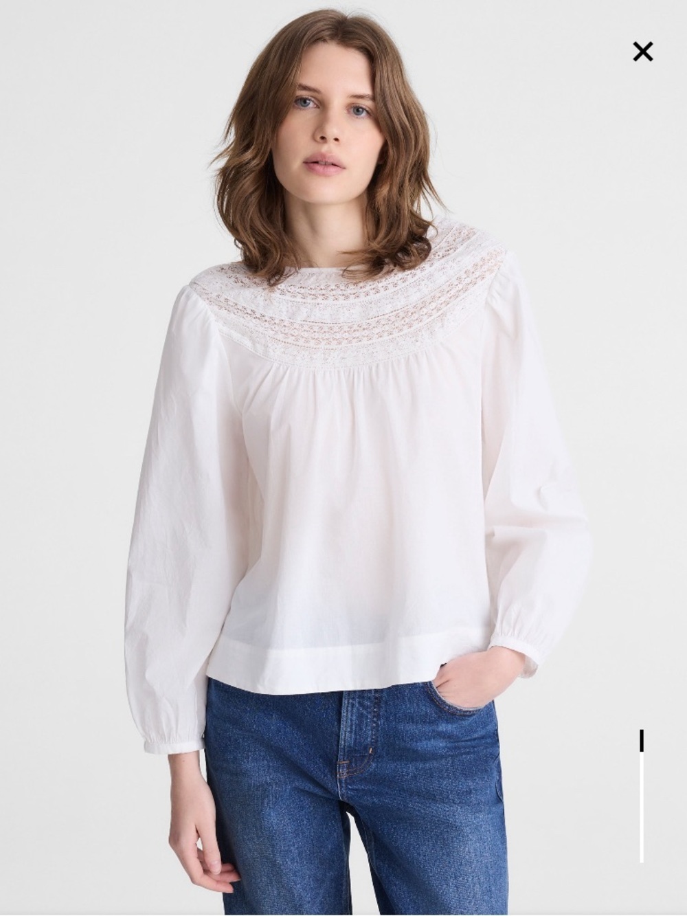 NWT Madewell Lace Insert High Neck Pretty White Top 100% Cotton Long Sleeve